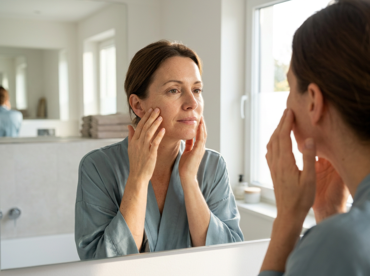Woman evaluating skincare results