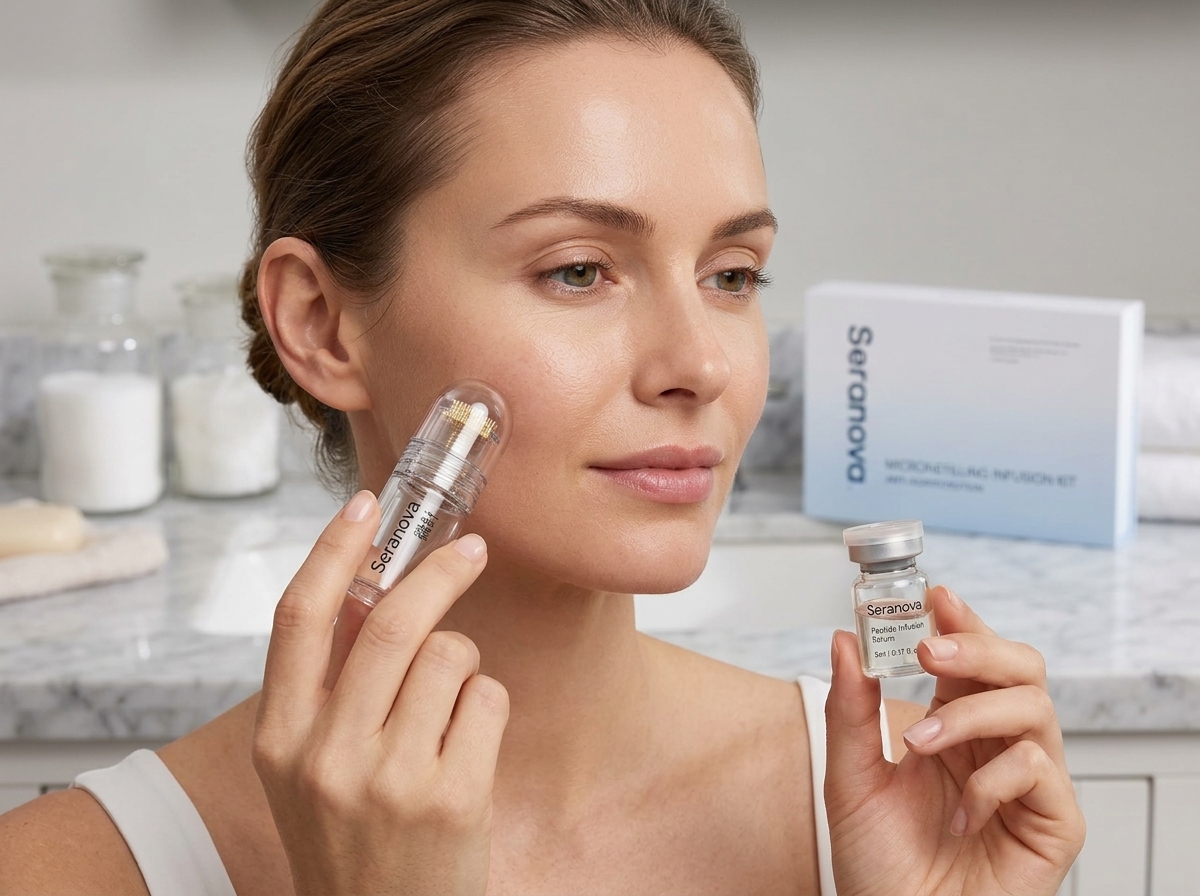 Woman using the Seranova Micro Infusion applicator on her face